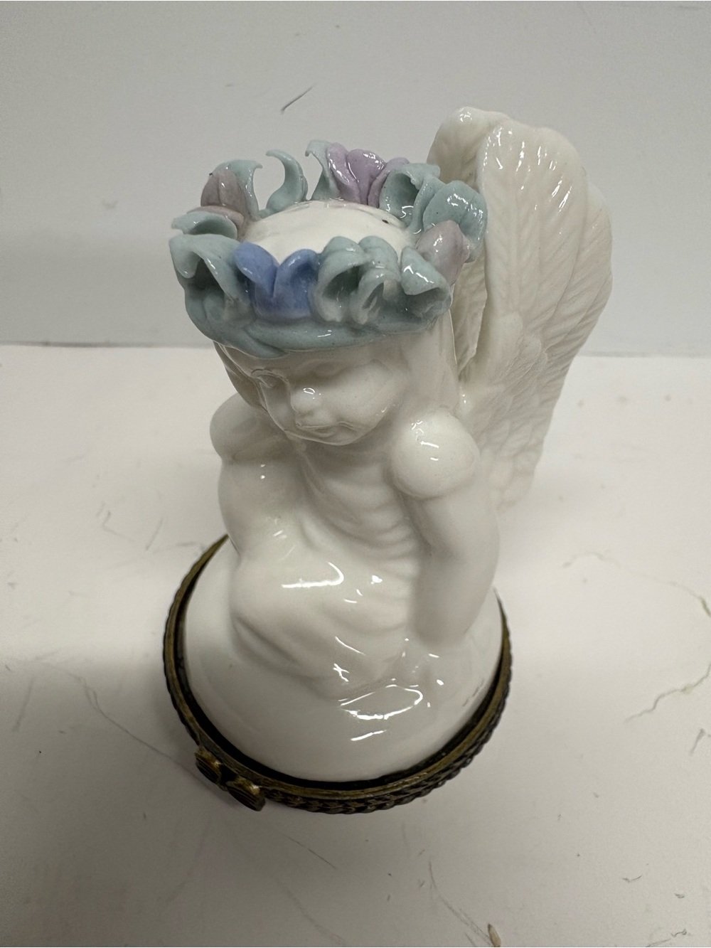 Porcelain Cherub Hinged
 Trinket Box with Pastel Floral Crown